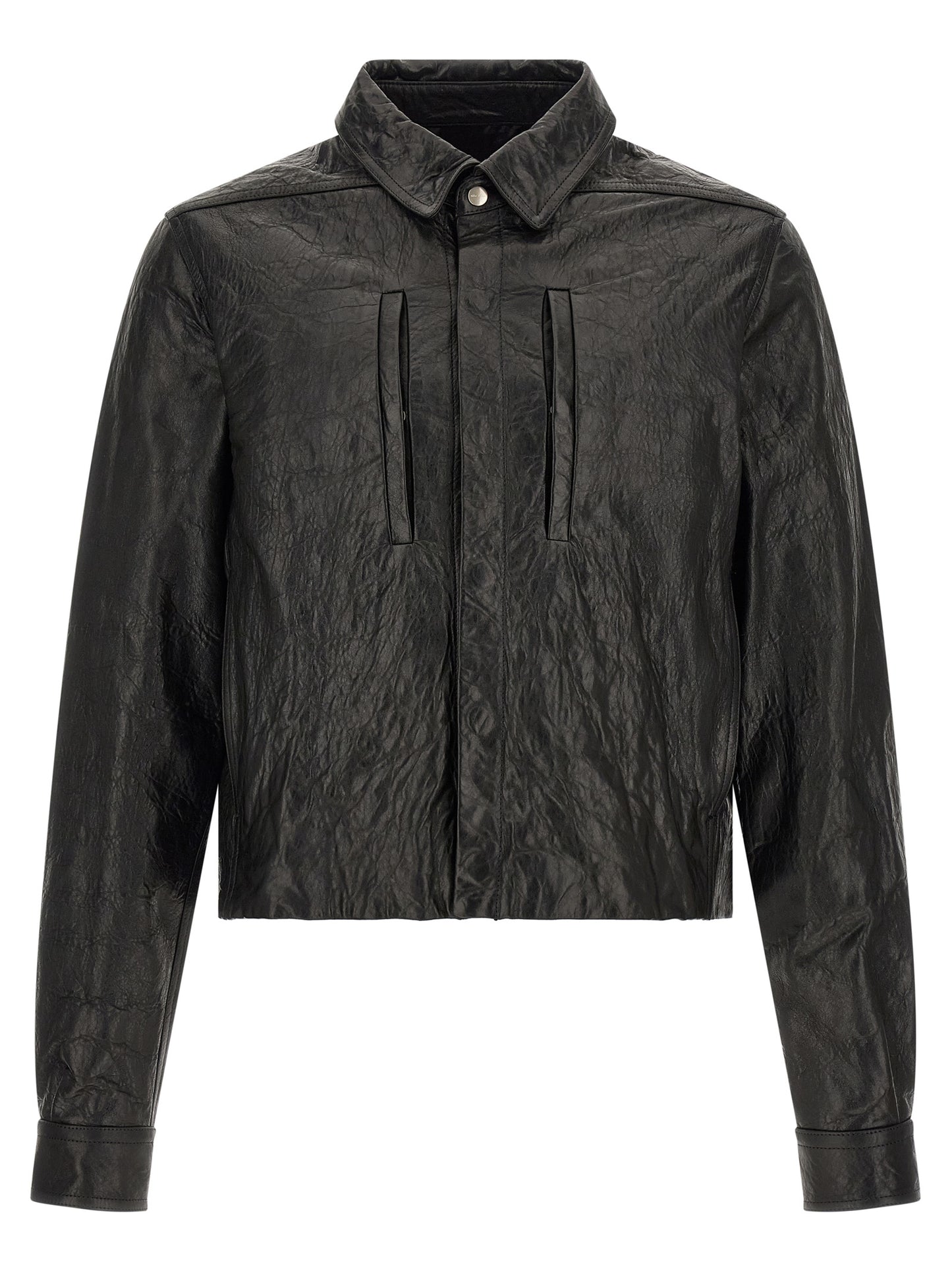 Jacket by Rick Owens for men in lamb leather & cotton black showcases a contemporary silhouette, detailed with a contemporary shirt-collar neckline and premium pockets for a sophisticated finish.