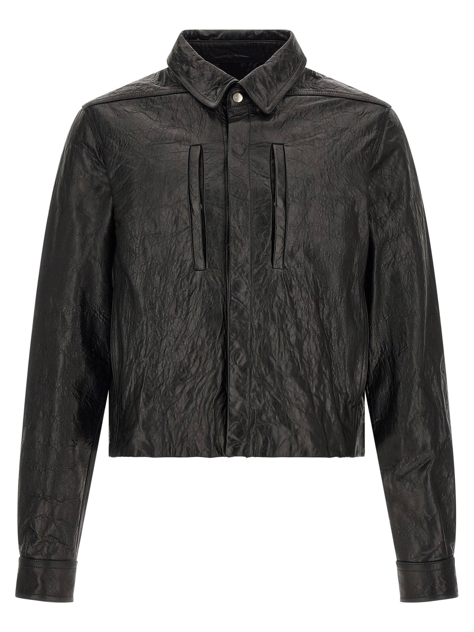 Jacket by Rick Owens for men in lamb leather & cotton black showcases a contemporary silhouette, detailed with a contemporary shirt-collar neckline and premium pockets for a sophisticated finish.