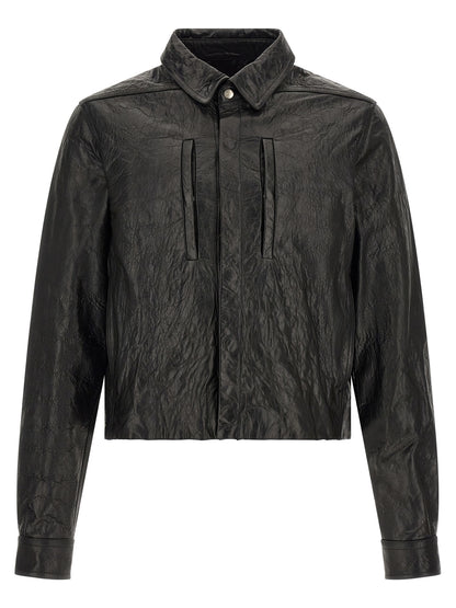 Jacket by Rick Owens for men in lamb leather & cotton black showcases a contemporary silhouette, detailed with a contemporary shirt-collar neckline and premium pockets for a sophisticated finish.