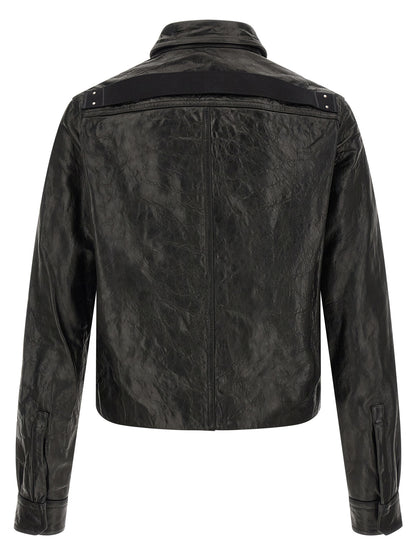 This Jacket by Rick Owens for men in lamb leather & cotton black showcases a magnificent silhouette, meticulously crafted with a distinctive shirt-collar neckline and functional pockets for a magnificent finish.