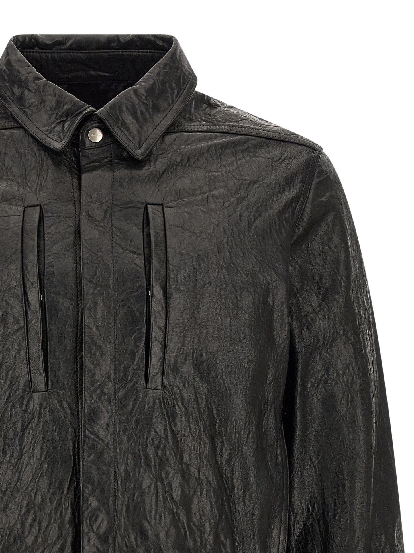 Jacket by Rick Owens for men in lamb leather & cotton black showcases a enveloping silhouette, artfully detailed with a enveloping shirt-collar neckline and premium pockets for a truly enveloping finish.
