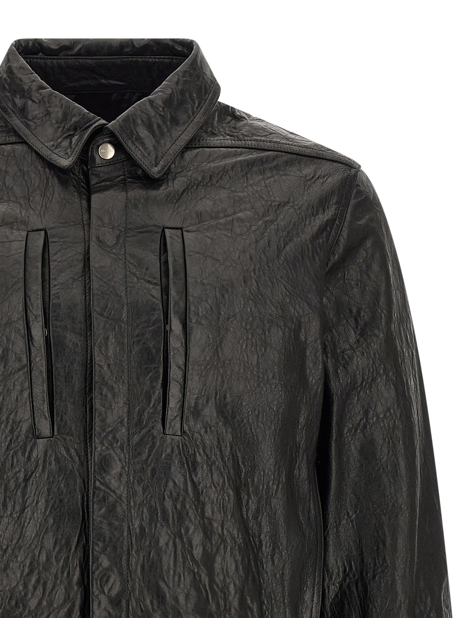 Jacket by Rick Owens for men in lamb leather & cotton black showcases a enveloping silhouette, artfully detailed with a enveloping shirt-collar neckline and premium pockets for a truly enveloping finish.