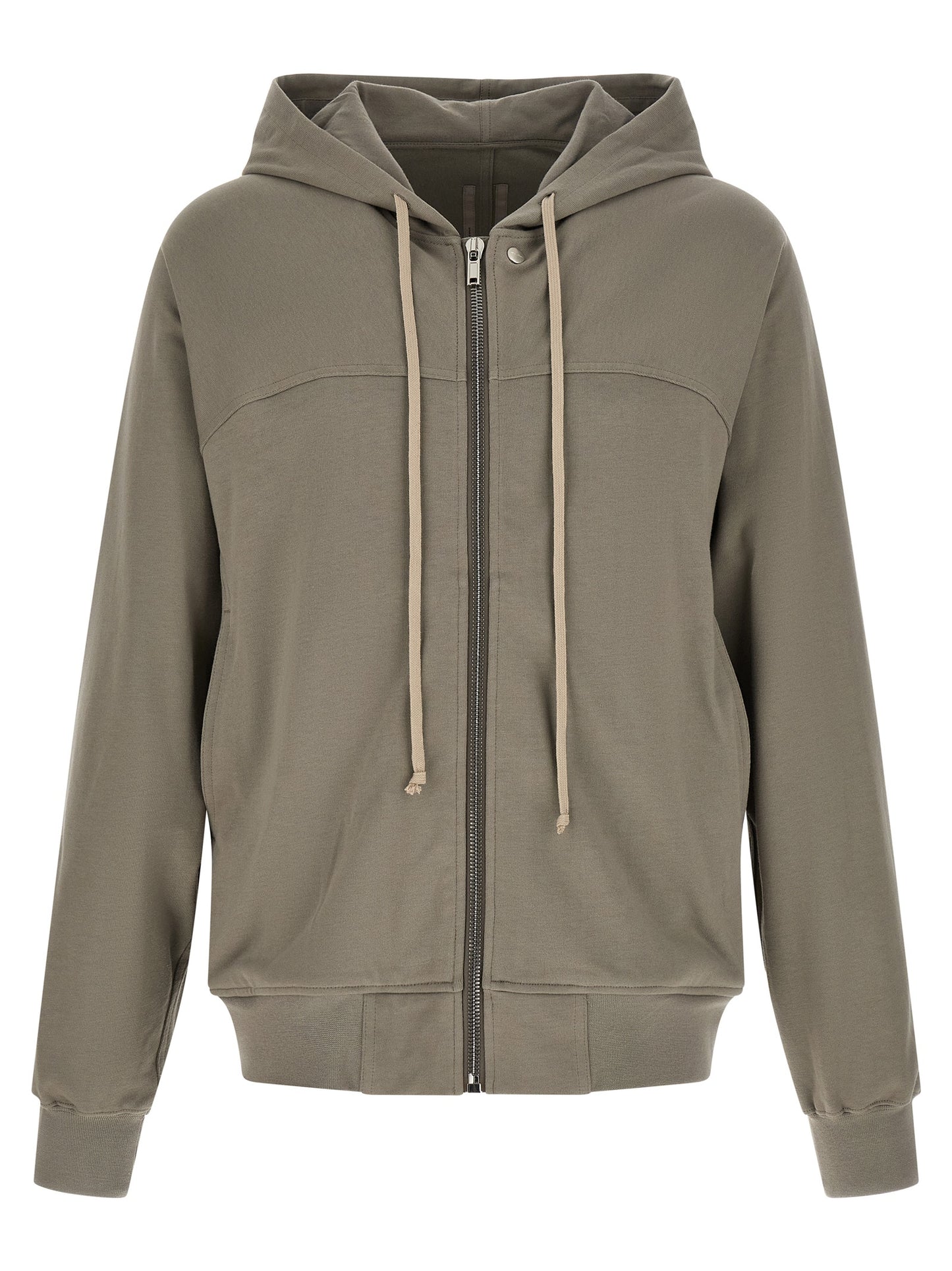 Sweatshirt Hoodie by Rick Owens for men in organic cotton gray & silver features an avant-garde silhouette, showcasing a sophisticated hooded neckline and detail for a truly avant-garde finish.