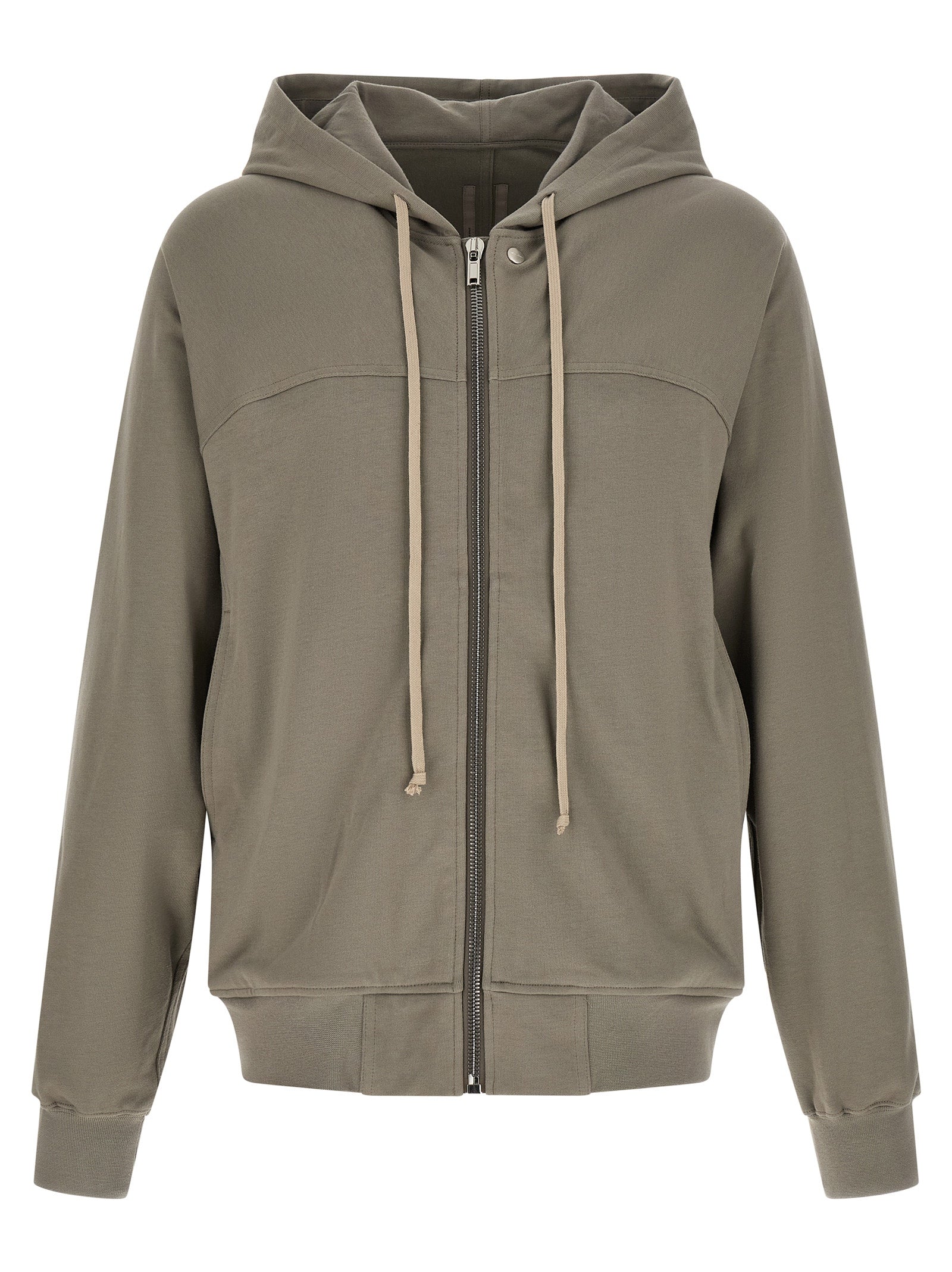 Sweatshirt Hoodie by Rick Owens for men in organic cotton gray & silver features an avant-garde silhouette, showcasing a sophisticated hooded neckline and detail for a truly avant-garde finish.