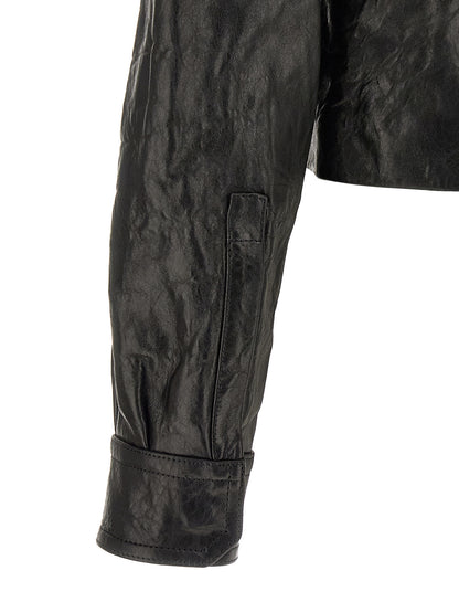 Jacket by Rick Owens for men in lamb leather & cotton black features an utilitarian silhouette with a refined , showcasing sophisticated pockets for an utilitarian aesthetic.