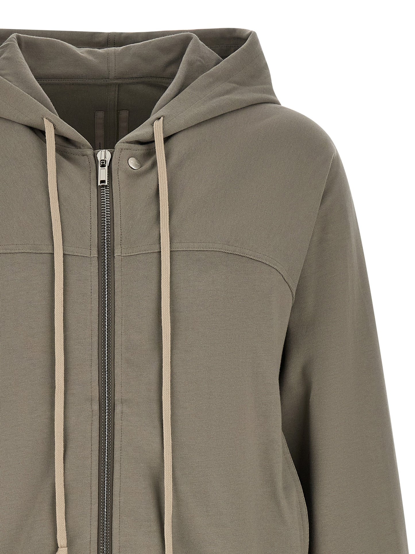 Sweatshirt Hoodie by Rick Owens for men in organic cotton gray & silver features an luminous silhouette, showcasing a sophisticated hooded neckline and for a truly luminous look.