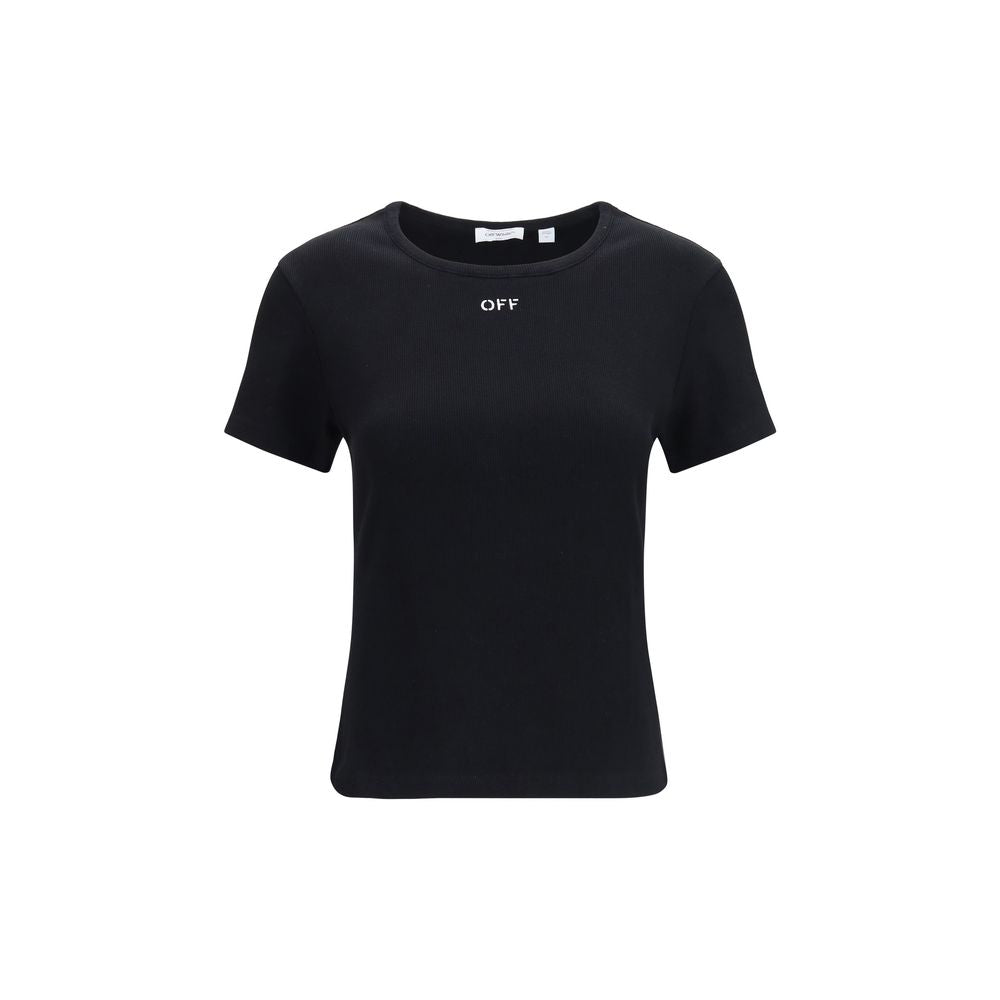 T-Shirt by Off-White for women in stretch cotton black, natural & white showcases a fashionable silhouette, elegantly detailed with a fashionable short-sleeve and crew neckline for a sophisticated, high-fashion look.