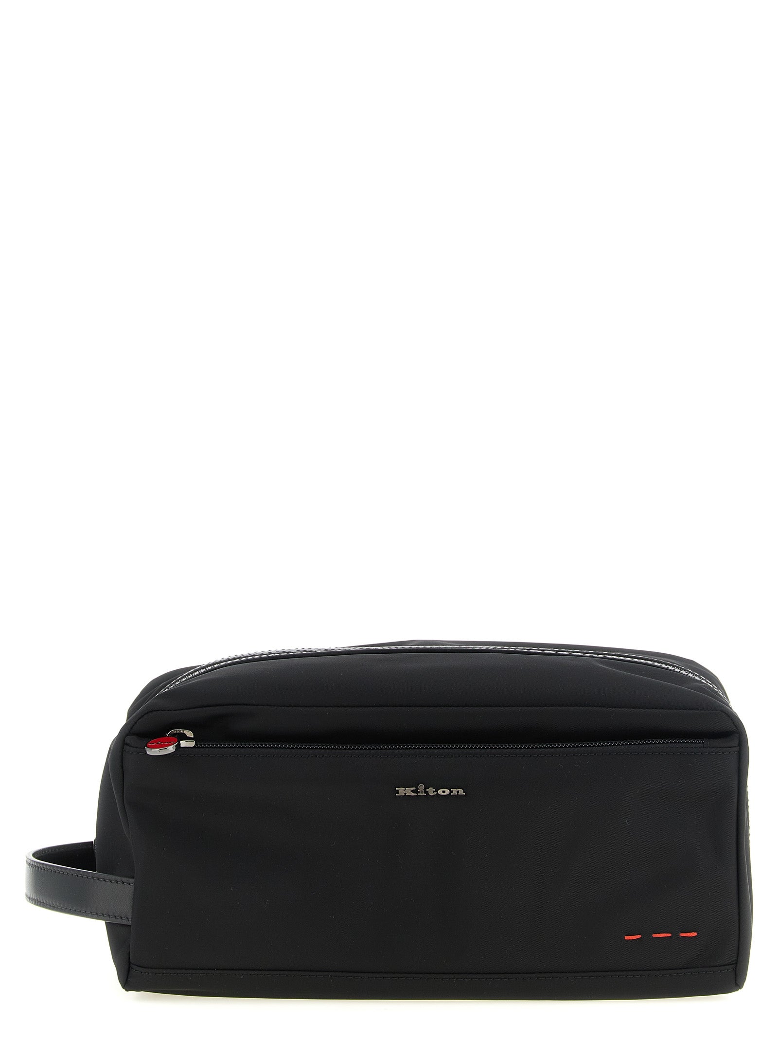 Travel Toiletry Bag by Kiton for men in acrylic polyamide leather black & red features a unassuming Acrylic Polyamide Leather Travel Toiletry Bag design with a secure zipper, organized external-pockets, and versatile handle for travel.