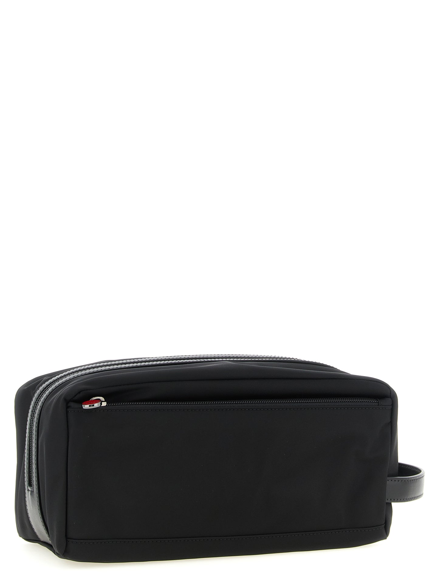 Travel Toiletry Bag by Kiton for men in acrylic polyamide leather black & red presents a edgy silhouette, showcasing the Acrylic Polyamide Leather Travel Toiletry Bag with a secure zipper, ample external-pockets, and versatile handle.