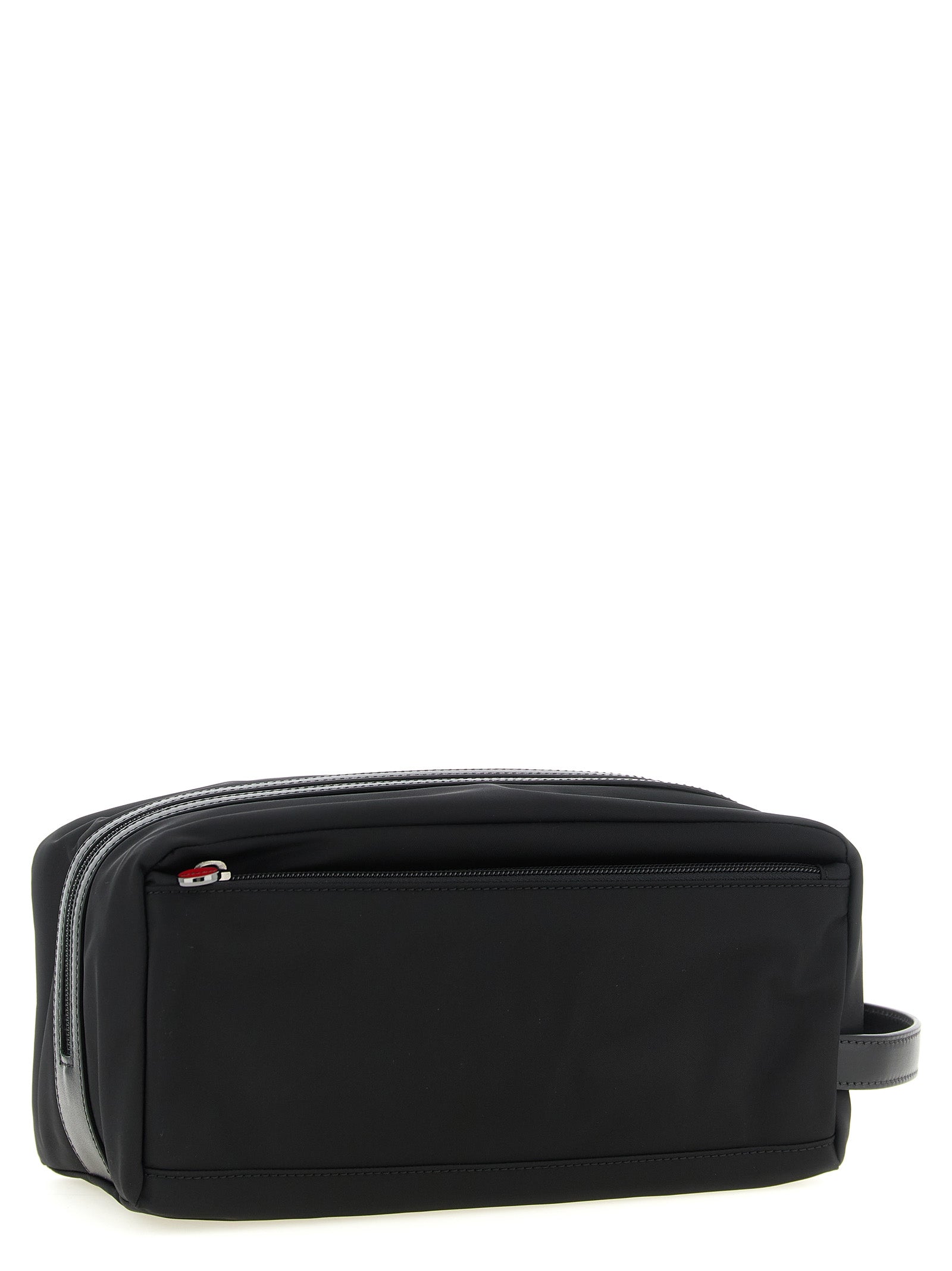 Travel Toiletry Bag by Kiton for men in acrylic polyamide leather black & red presents a edgy silhouette, showcasing the Acrylic Polyamide Leather Travel Toiletry Bag with a secure zipper, ample external-pockets, and versatile handle.