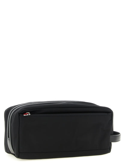 Travel Toiletry Bag by Kiton for men in acrylic polyamide leather black & red presents a edgy silhouette, showcasing the Acrylic Polyamide Leather Travel Toiletry Bag with a secure zipper, ample external-pockets, and versatile handle.