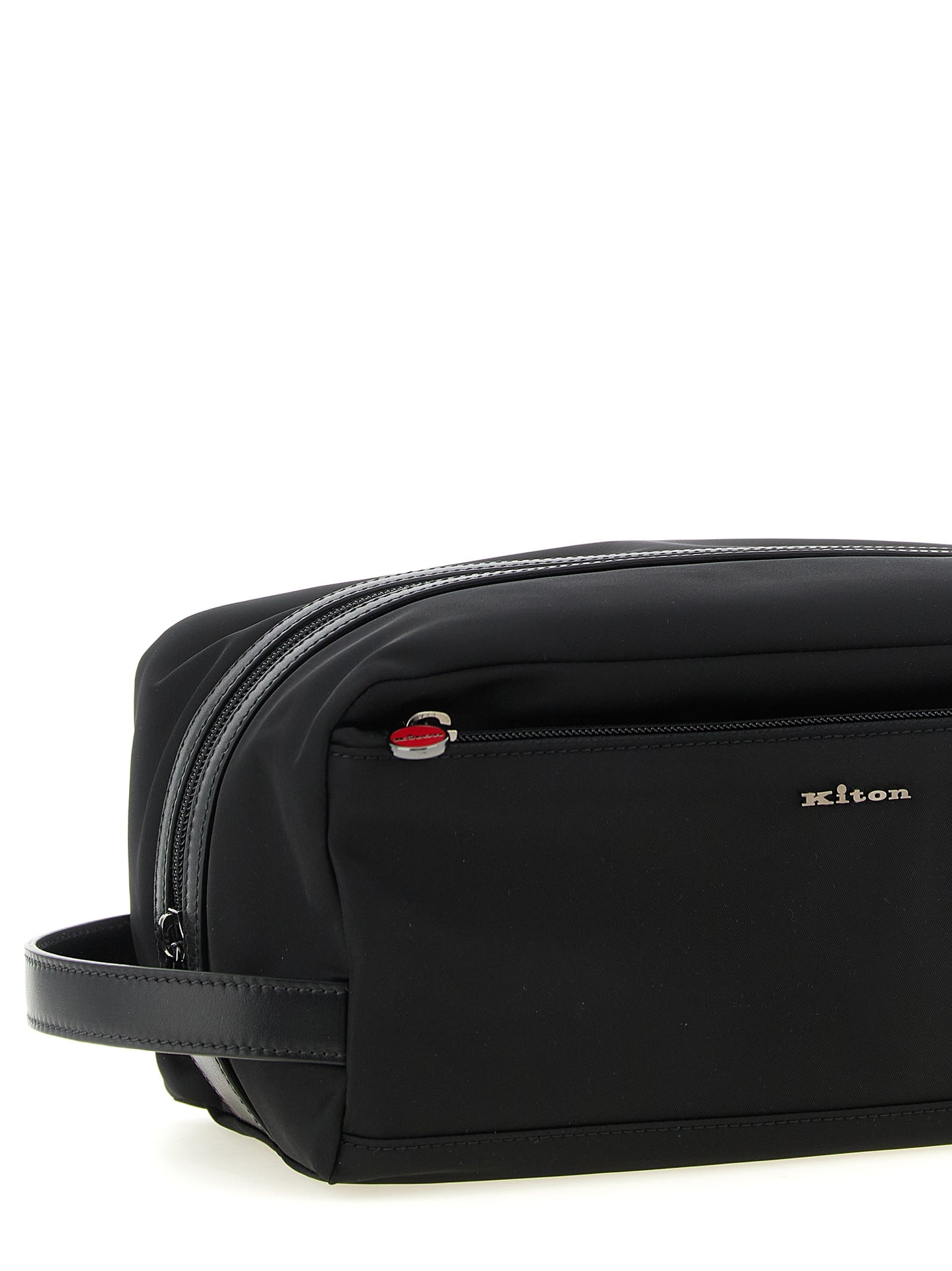 Travel Toiletry Bag by Kiton for men in acrylic polyamide leather black & red features an fashionable Acrylic Polyamide Leather Travel Toiletry Bag design with a secure zipper, fashionable external-pockets, and versatile handle for a sophisticated look.