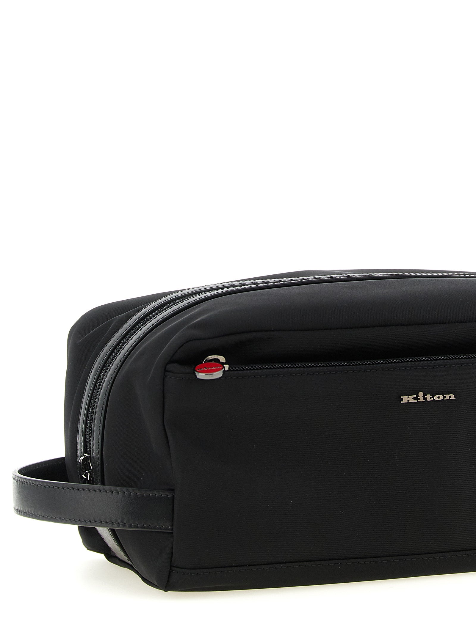 Travel Toiletry Bag by Kiton for men in acrylic polyamide leather black & red features an fashionable Acrylic Polyamide Leather Travel Toiletry Bag design with a secure zipper, fashionable external-pockets, and versatile handle for a sophisticated look.