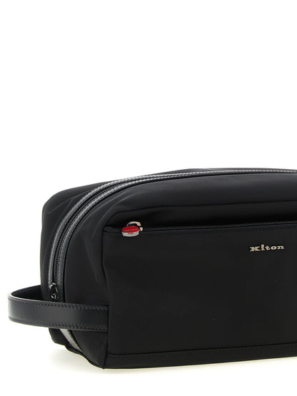 Travel Toiletry Bag by Kiton for men in acrylic polyamide leather black & red features an fashionable Acrylic Polyamide Leather Travel Toiletry Bag design with a secure zipper, fashionable external-pockets, and versatile handle for a sophisticated look.