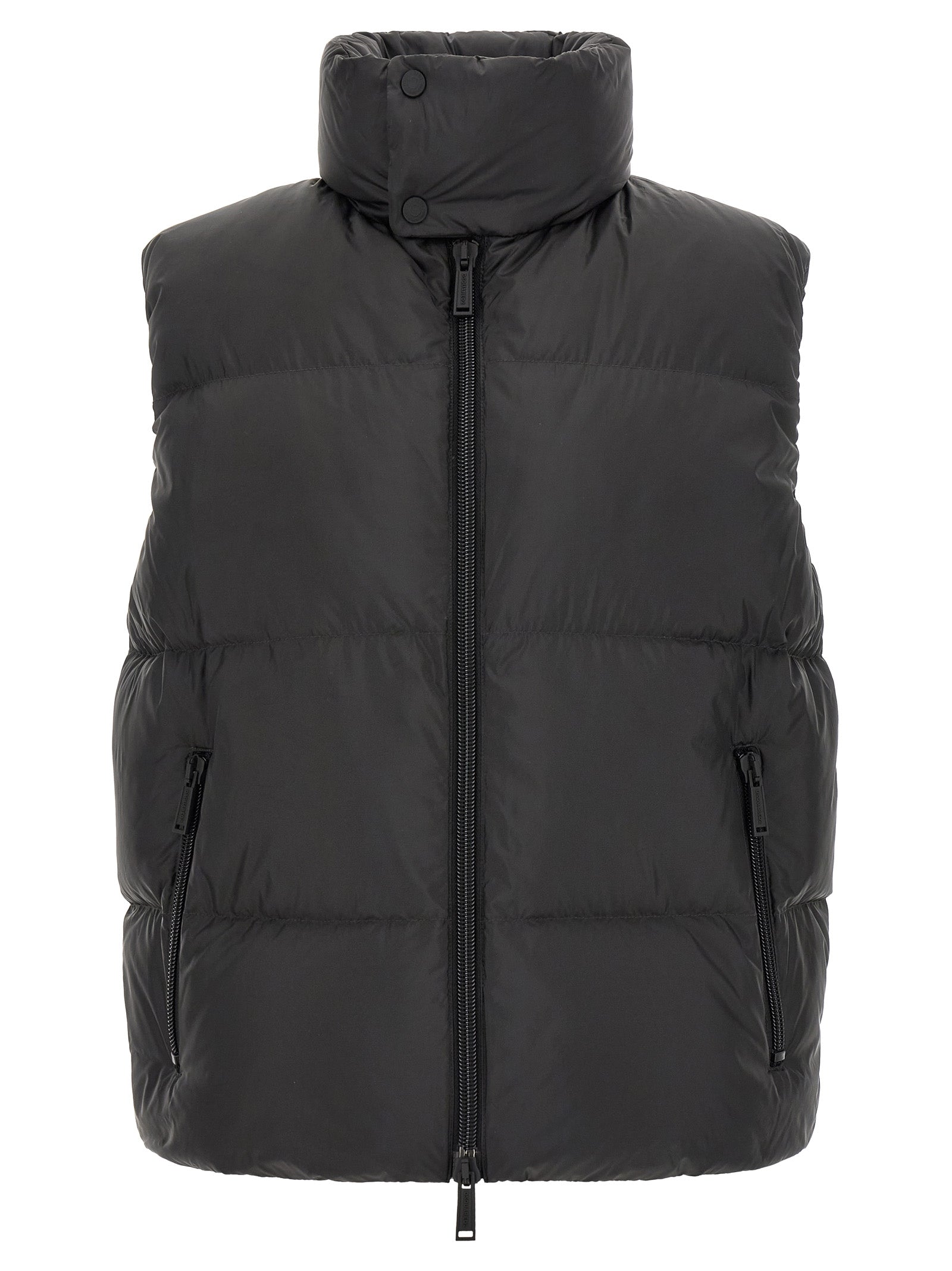 Vest by Dsquared² for men in polyester & feathers black features a stylish silhouette, showcasing distinct pockets & insulated and a refined high-neck neckline for a truly stylish finish.