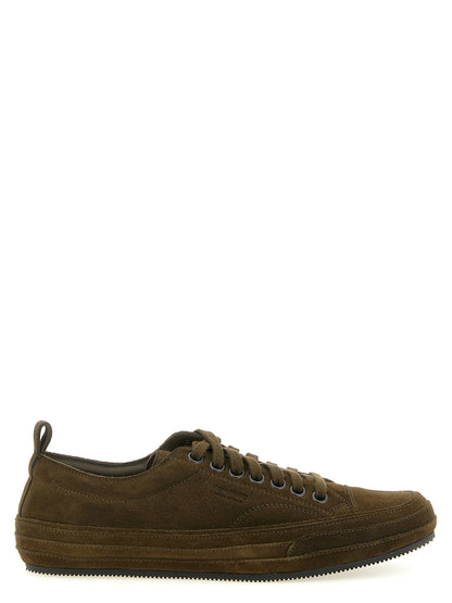 Sneakers by Tom Ford for men in suede leather brass & cotton bicolour, green & olive presents a on trend silhouette from the Men's Low Top Suede Leather Brass & Cotton Sneakers collection, showcasing a on trend low-top style for an elevated aesthetic.