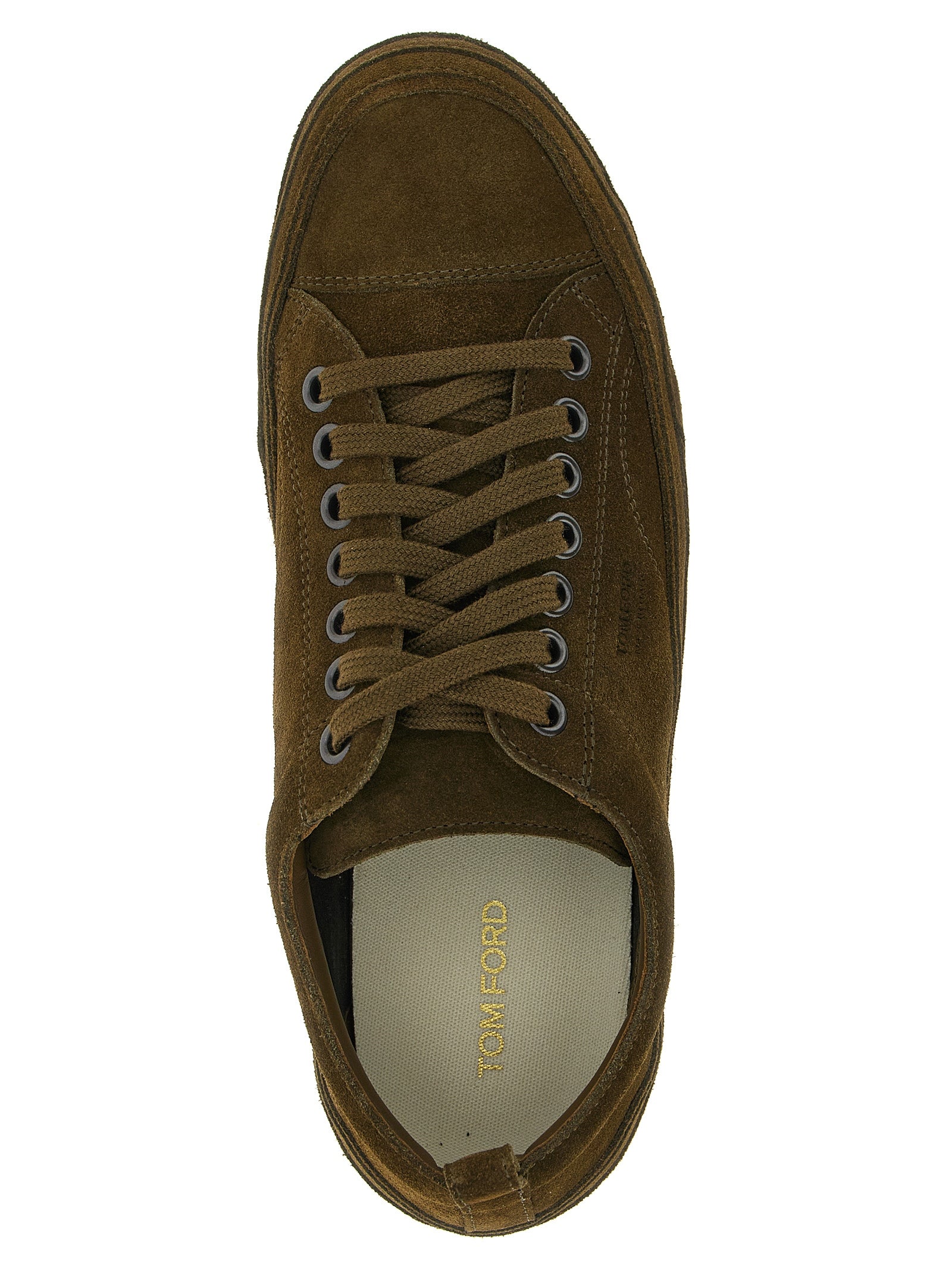 Sneakers by Tom Ford for men in suede leather brass & cotton bicolour, green & olive presents a on trend silhouette from the Men's Low Top Suede Leather Brass & Cotton Sneakers collection, showcasing a on trend low-top style for an elevated aesthetic.