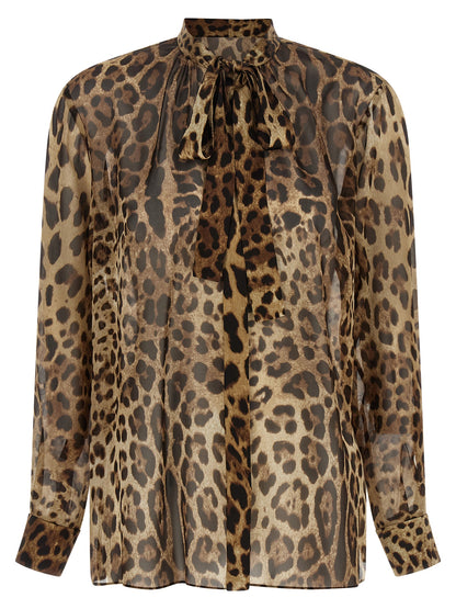 Blouse by Dolce & Gabbana for women in silk animal, brown, transparent & print, featuring a nuanced long-sleeve and nuanced for a sophisticated finish.