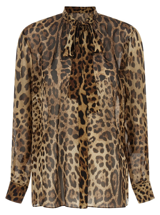 Blouse by Dolce & Gabbana for women in silk animal, brown, transparent & print, featuring a nuanced long-sleeve and nuanced for a sophisticated finish.