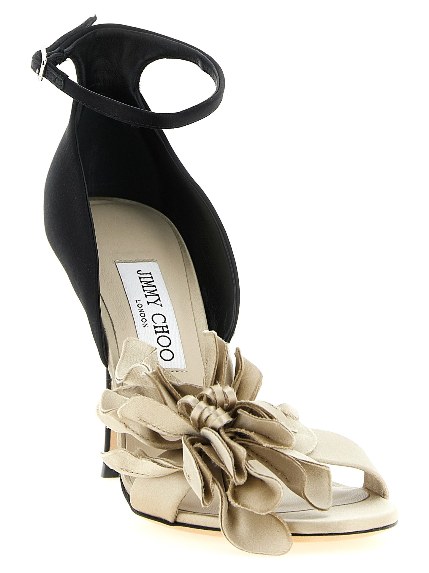 Stiletto Ankle Strap Sandals by Jimmy Choo for women in polyester leather & silk black, multicolor, silver & floral showcases a sculptural silhouette as Women's Polyester Leather & Silk Stiletto Ankle Strap Sandals, defined by a sculptural stiletto and sculptural for a sculptural look.