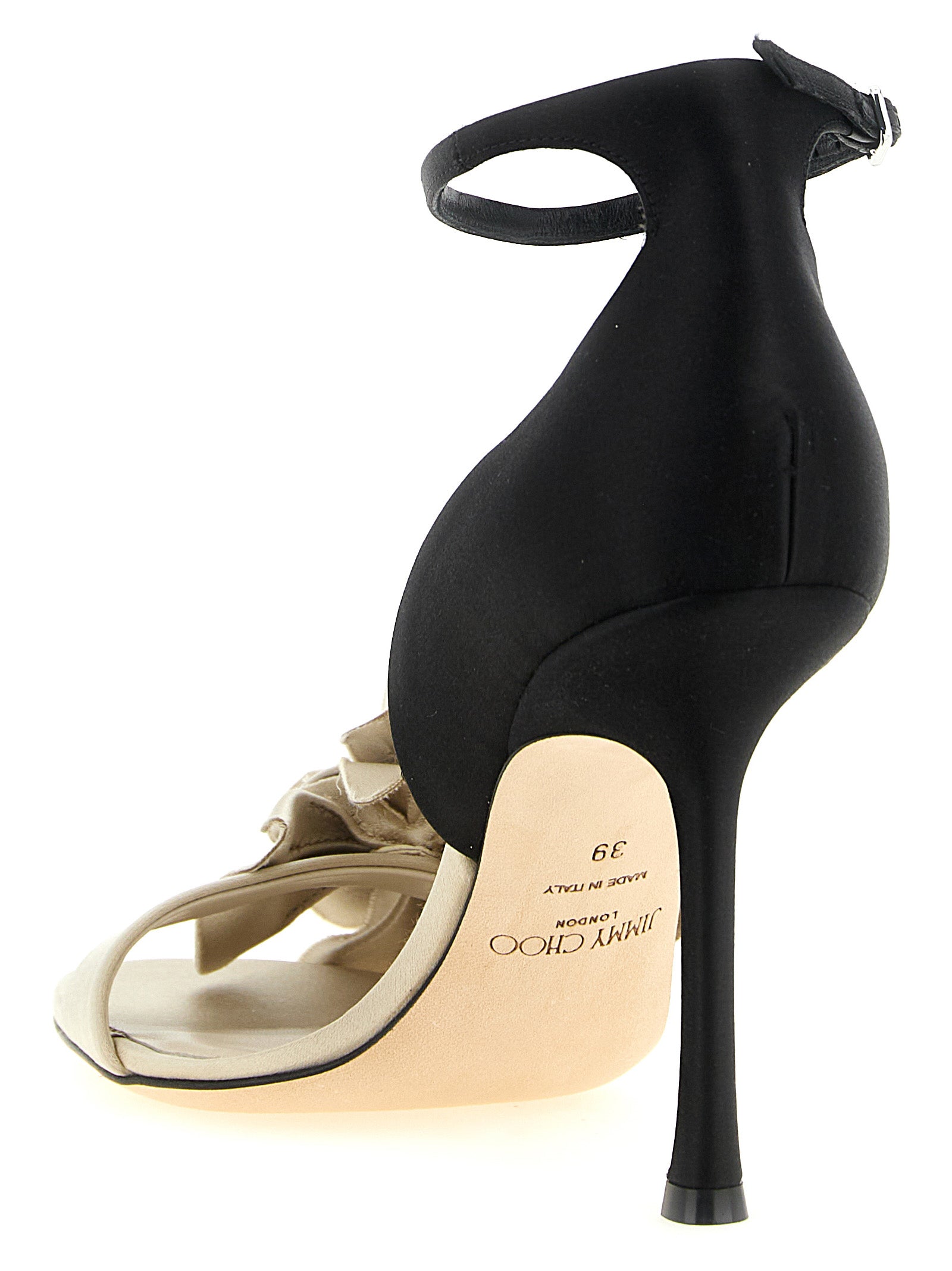 Stiletto Ankle Strap Sandals by Jimmy Choo for women in polyester leather & silk black, multicolor, silver & floral features an statuesque Women's Polyester Leather & Silk Stiletto Ankle Strap Sandals silhouette with a refined stiletto and elegant .