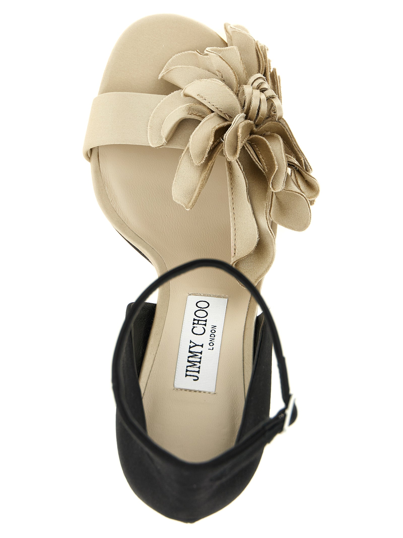 Stiletto Ankle Strap Sandals by Jimmy Choo for women in polyester leather & silk black, multicolor, silver & floral presents a sculptural silhouette, showcasing the Women's Polyester Leather & Silk Stiletto Ankle Strap Sandals design with a sculptural stiletto and for a premium look.