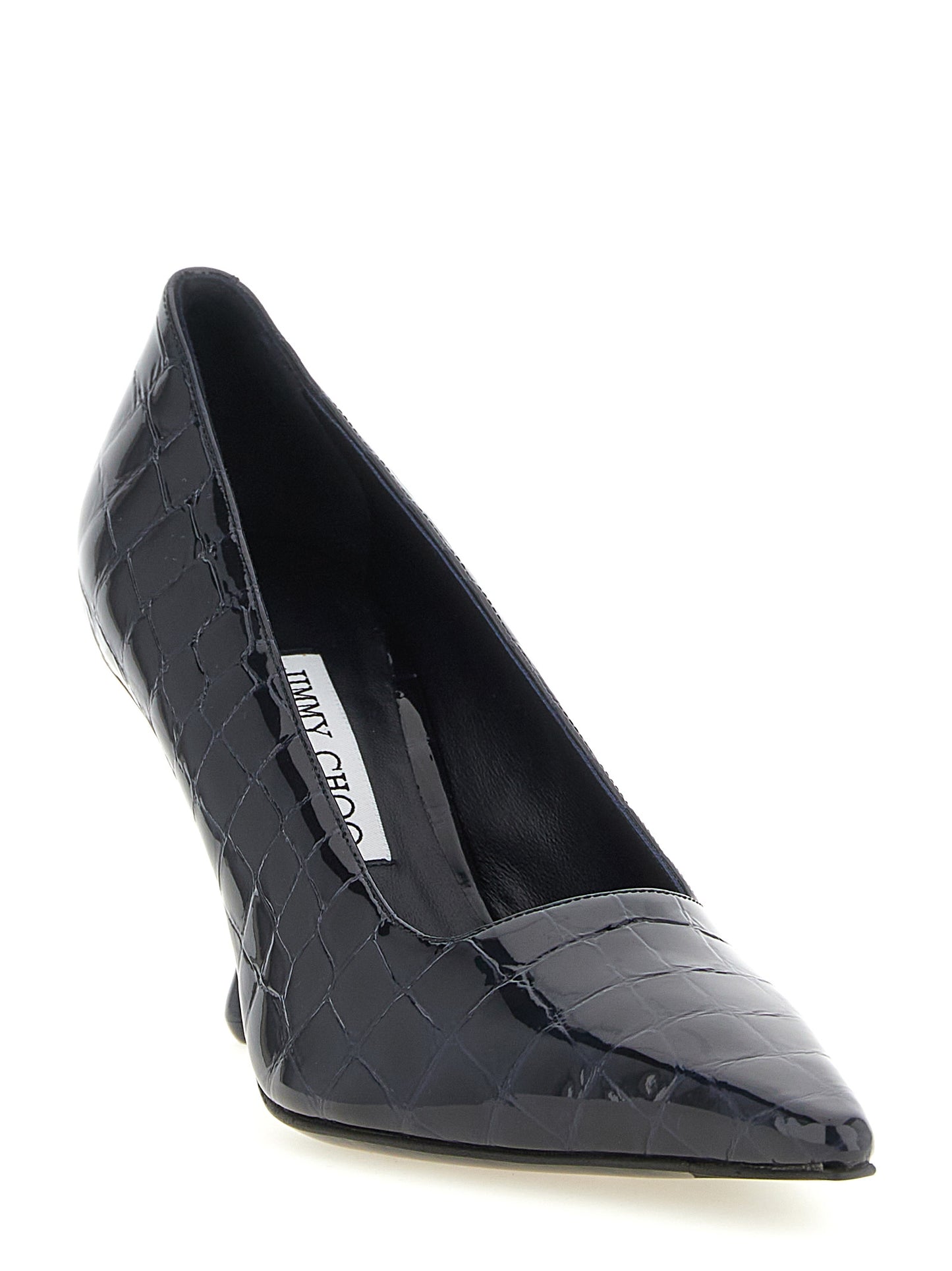 High-Heel Pumps Heels by Jimmy Choo for women in polyester patent crocodile skin leather & silk navy & print features an effortlessly chic silhouette from the Women's Polyester Patent Crocodile Skin Leather & Silk High-Heel Pumps Heels collection, showcasing a high-heel and effortlessly chic for a effortlessly chic look.