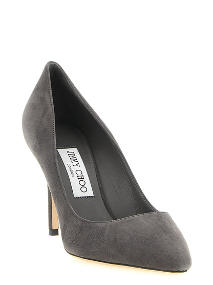High-Heel Stiletto Pumps Heels by Jimmy Choo for women in polyester suede leather & silk gray features an effortlessly chic silhouette from the Romy Women's Polyester Suede Leather & Silk High-Heel Stiletto Pumps Heels collection, showcasing a stiletto high-heel and effortlessly chic for a effortlessly chic look.
