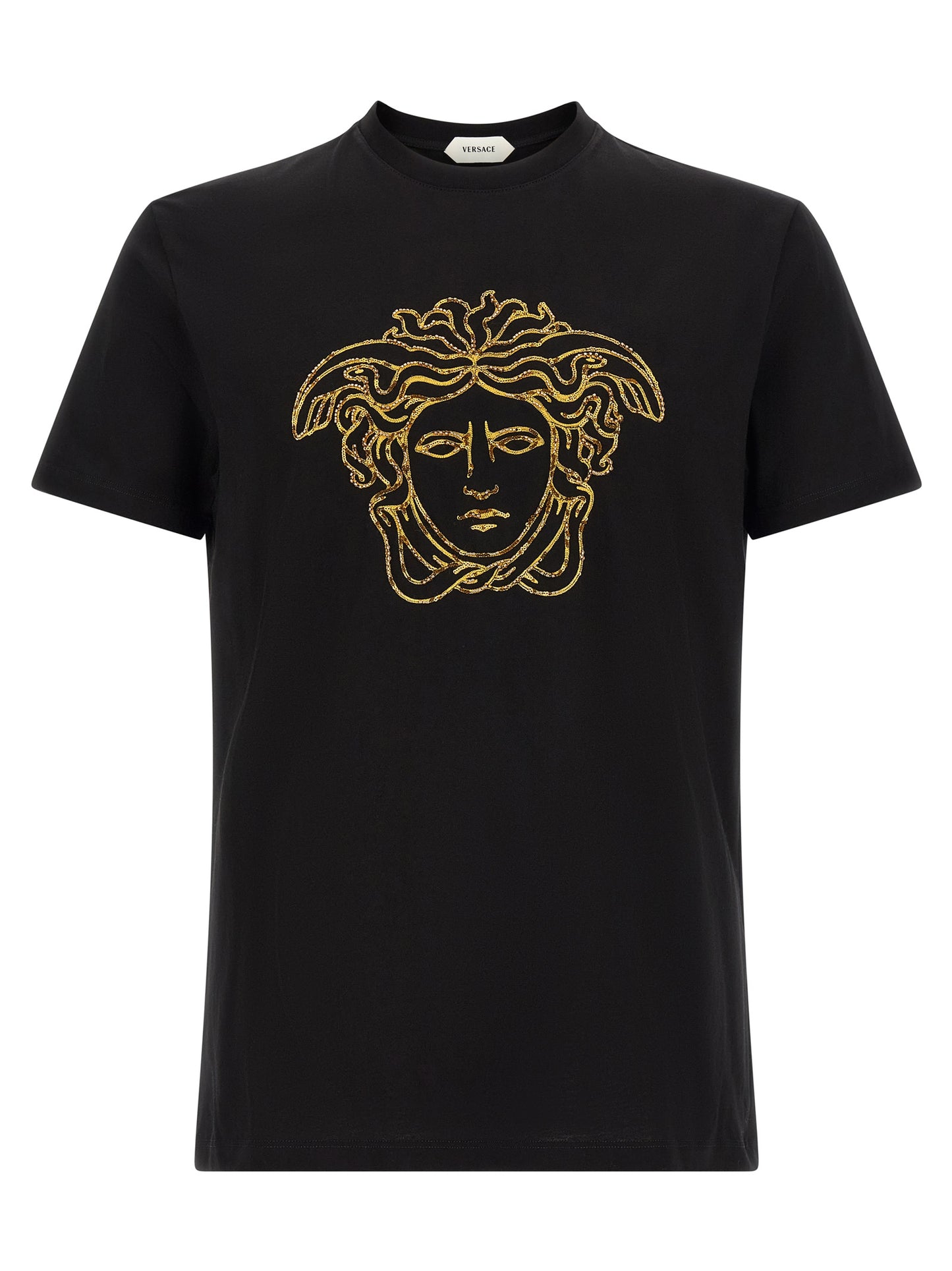 T-Shirt by Versace for men in cotton black & gold showcases a dramatic silhouette, elegantly detailed with a dramatic crew neckline and short-sleeve for a truly dramatic finish.