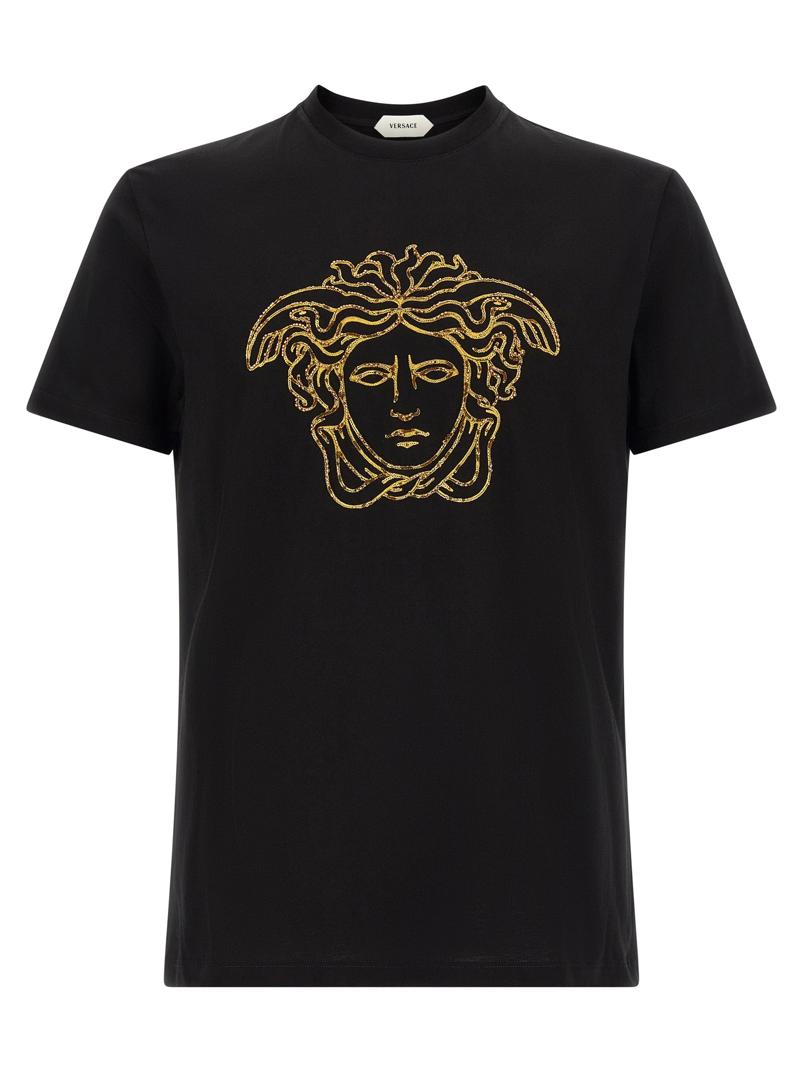 T-Shirt by Versace for men in cotton black & gold showcases a dramatic silhouette, elegantly detailed with a dramatic crew neckline and short-sleeve for a truly dramatic finish.