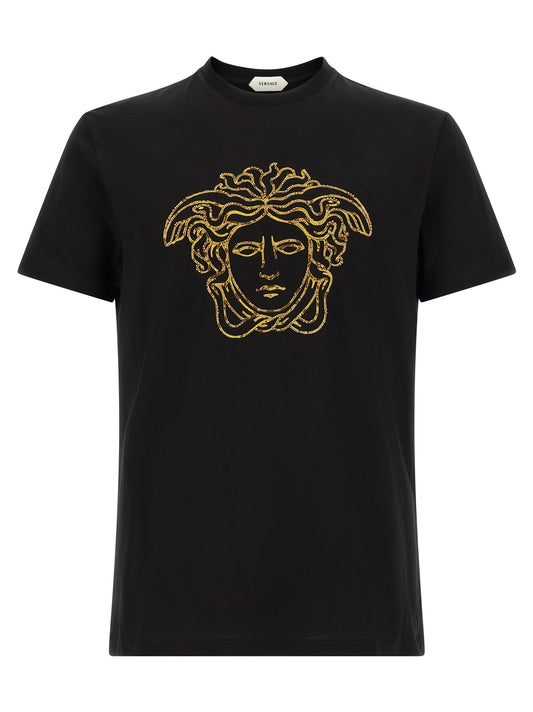 T-Shirt by Versace for men in cotton black & gold showcases a dramatic silhouette, elegantly detailed with a dramatic crew neckline and short-sleeve for a truly dramatic finish.