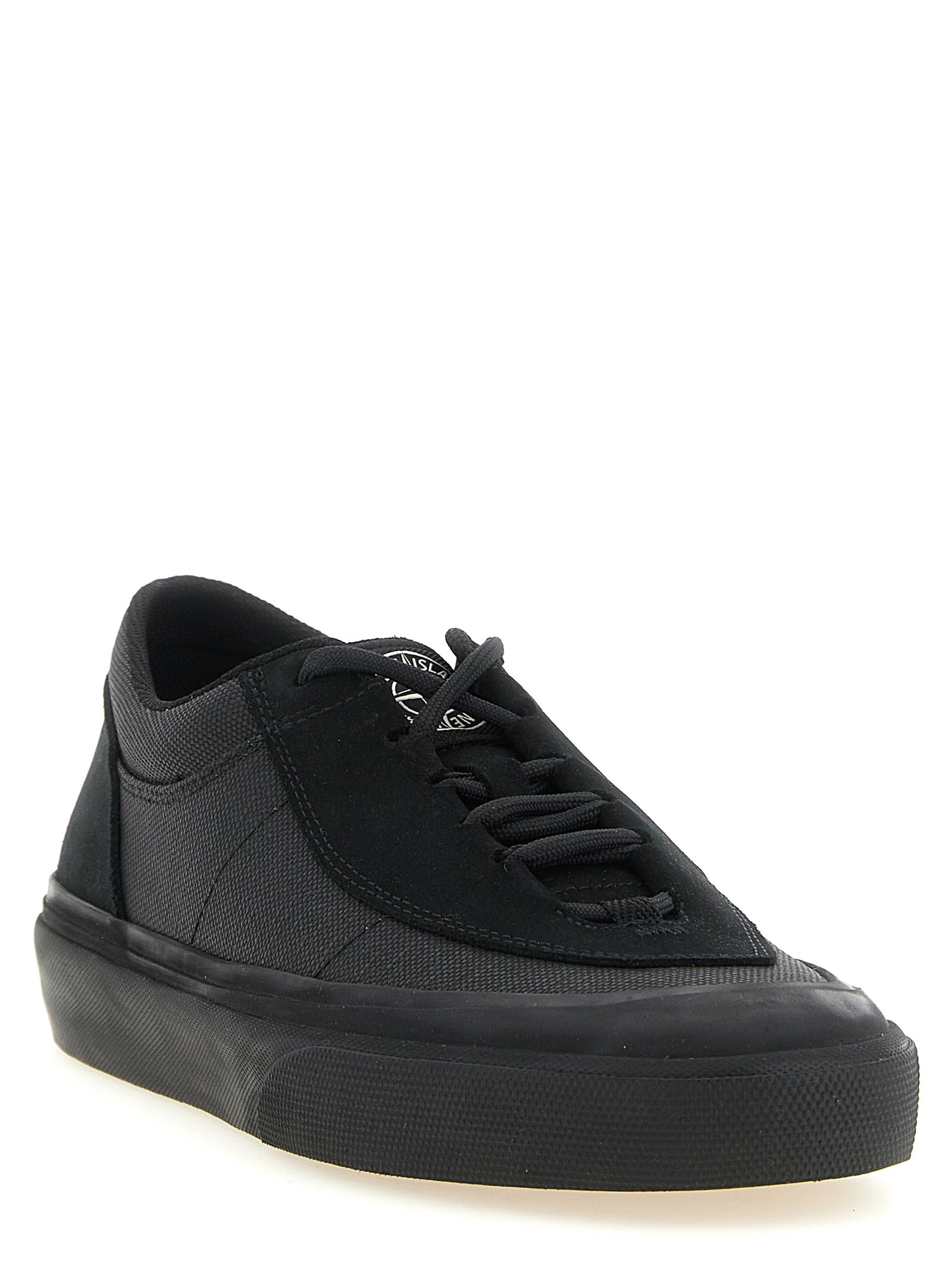 Sneakers by Stone Island for men in linen cotton canvas & suede leather black & signature features an versatile design from the Men's Low Top Linen Cotton Canvas & Suede Leather Sneakers collection, highlighting a versatile low-top style for a premium, high-fashion look.