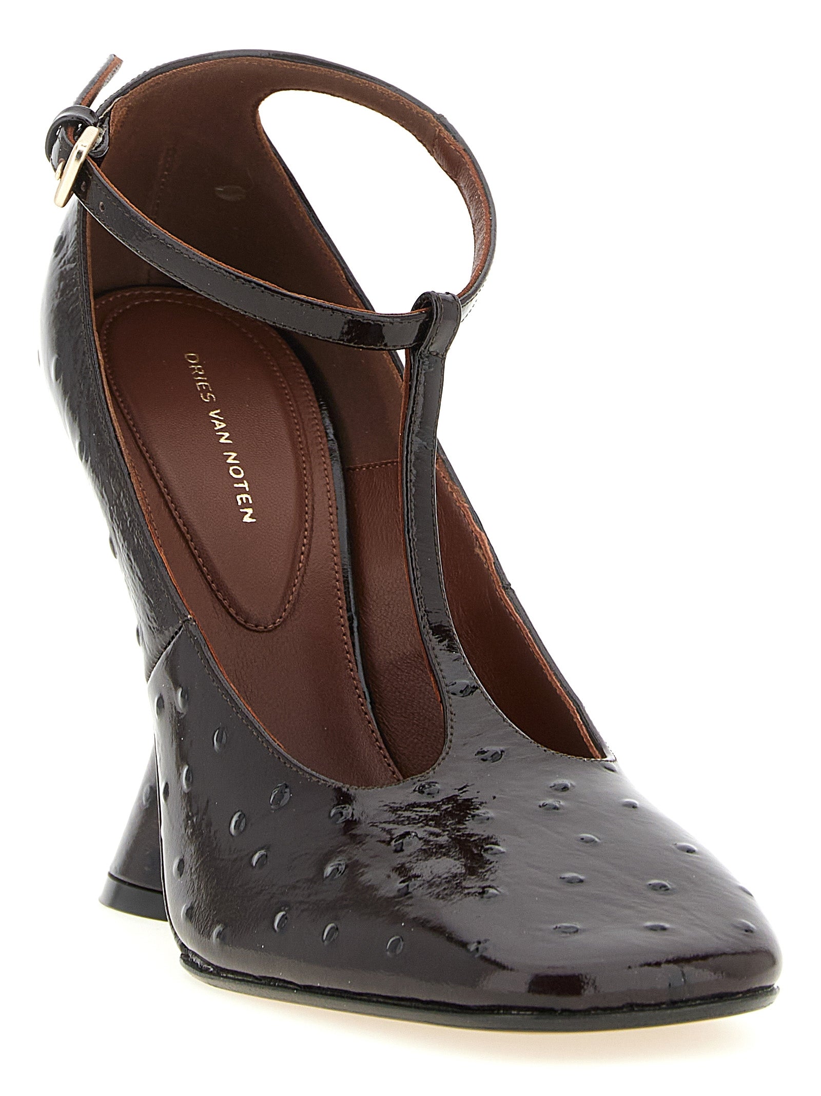 Wedge T-Strap Strap Sandals by Dries Van Noten for women in ostrich & calfskin leather bordeaux & gold features an statuesque Women's Ostrich & Calfskin Leather Wedge T-Strap Strap Sandals silhouette with a refined wedge and elegant square toe style.