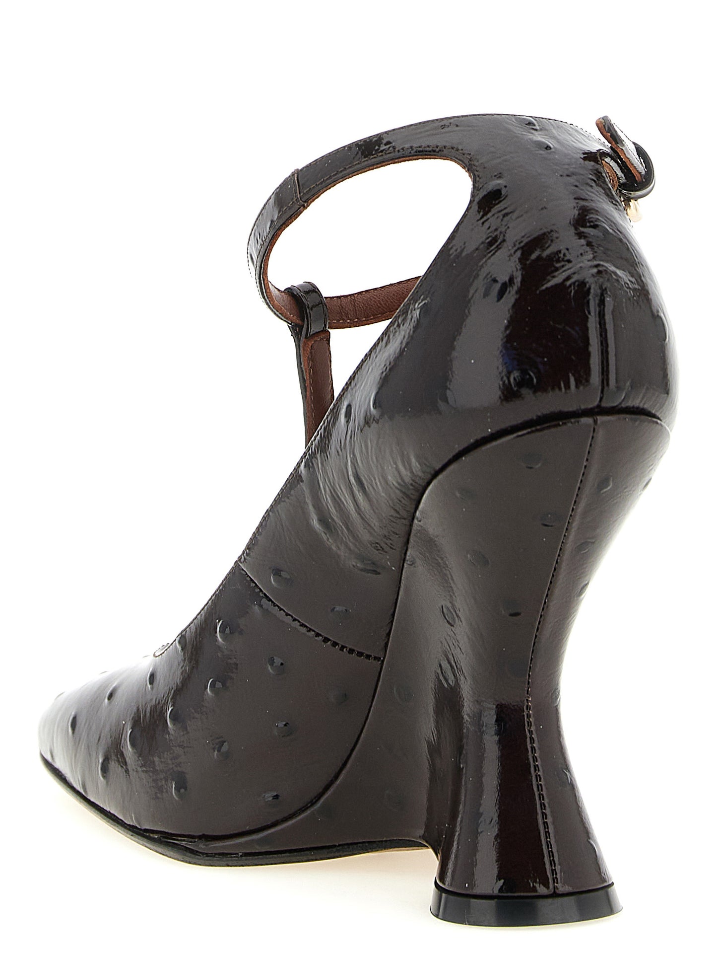 Wedge T-Strap Strap Sandals by Dries Van Noten for women in ostrich & calfskin leather bordeaux & gold showcases a sculptural silhouette as Women's Ostrich & Calfskin Leather Wedge T-Strap Strap Sandals, defined by a sculptural wedge and sculptural square toe style for a sculptural look.