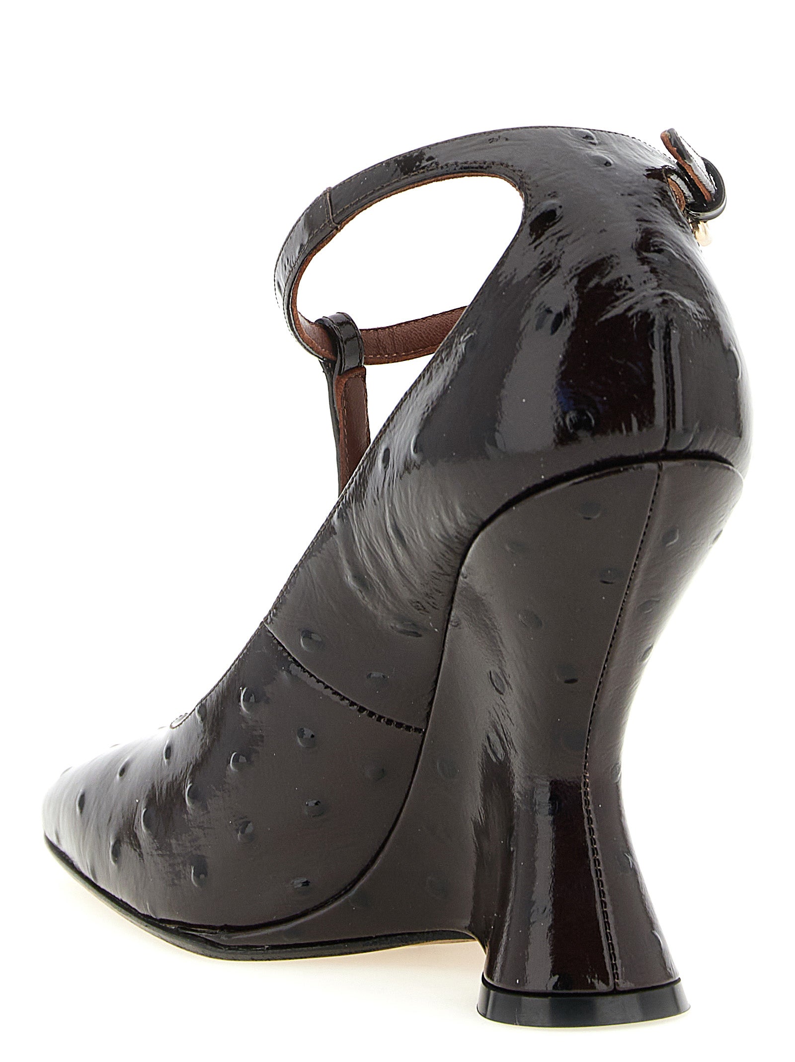 Wedge T-Strap Strap Sandals by Dries Van Noten for women in ostrich & calfskin leather bordeaux & gold showcases a sculptural silhouette as Women's Ostrich & Calfskin Leather Wedge T-Strap Strap Sandals, defined by a sculptural wedge and sculptural square toe style for a sculptural look.