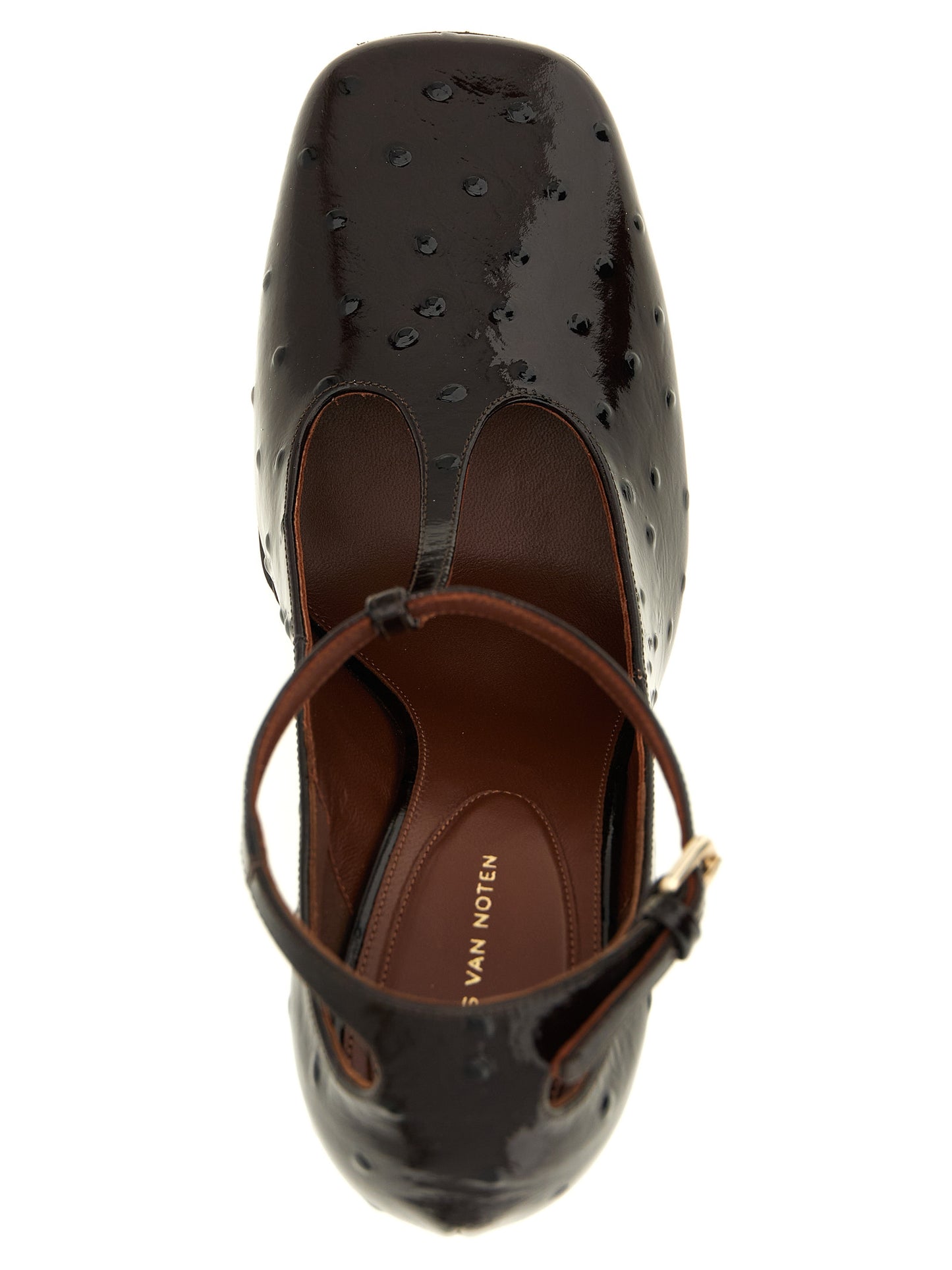 Wedge T-Strap Strap Sandals by Dries Van Noten for women in ostrich & calfskin leather bordeaux & gold features an architectural design from the Women's Ostrich & Calfskin Leather Wedge T-Strap Strap Sandals collection, defined by a architectural wedge and square toe style for a architectural finish.