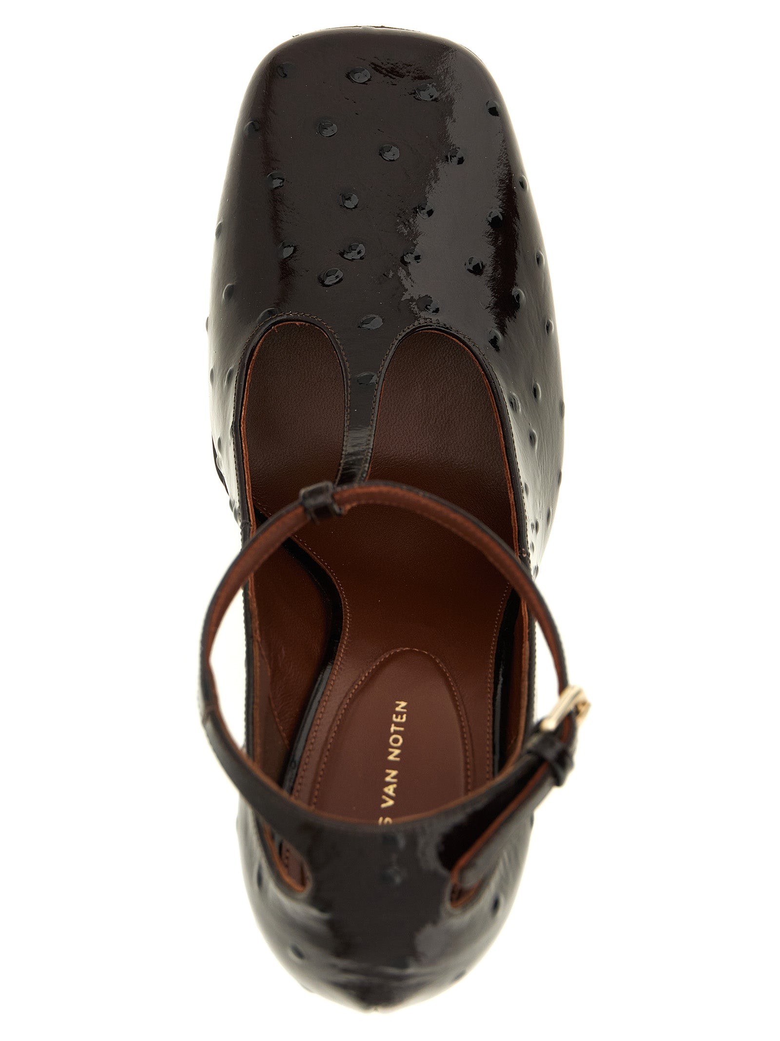Wedge T-Strap Strap Sandals by Dries Van Noten for women in ostrich & calfskin leather bordeaux & gold features an architectural design from the Women's Ostrich & Calfskin Leather Wedge T-Strap Strap Sandals collection, defined by a architectural wedge and square toe style for a architectural finish.