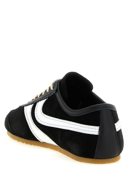 Athletic Sneakers by Dries Van Noten for women in suede calfskin leather bicolour, black, natural & white presents a sleek silhouette, perfectly capturing the athletic style essence of Women's Athletic Suede Calfskin Leather Sneakers with its sleek design and premium finish.