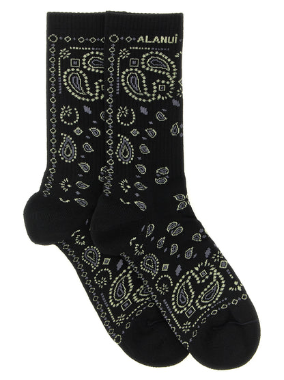 Socks by Alanui for women in stretch polyamide cotton black, patterned, paisley & jacquard features a contemporary knit construction, showcasing the sophisticated design of this Women's Stretch Polyamide Cotton Socks with its contemporary finish.