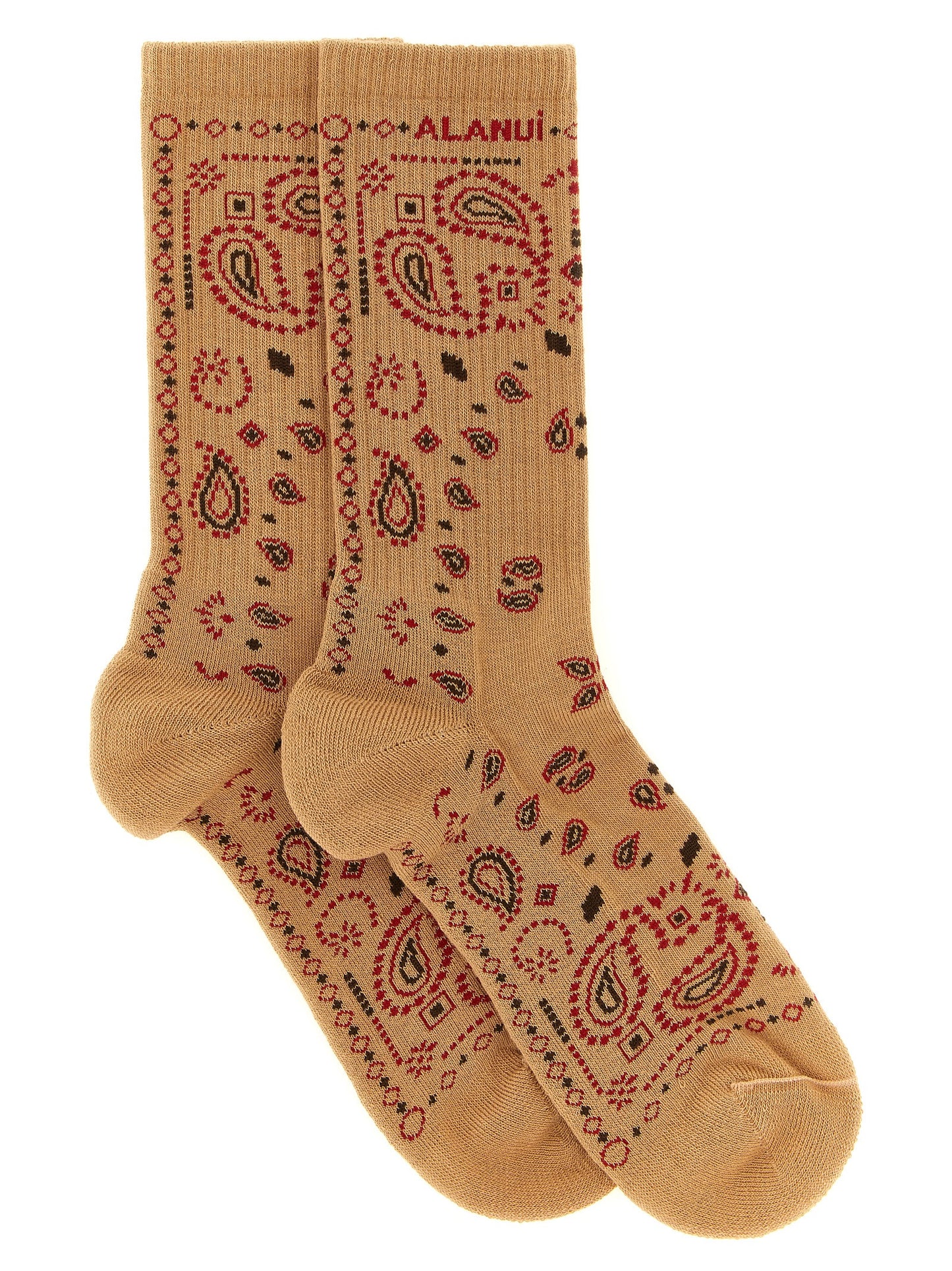 Socks by Alanui for women in stretch polyamide cotton beige, black, camel, red, patterned, paisley, jacquard & signature features an utilitarian chic finish from the Women's Stretch Polyamide Cotton Socks collection, offering an utilitarian chic fit that ensures sophisticated comfort.