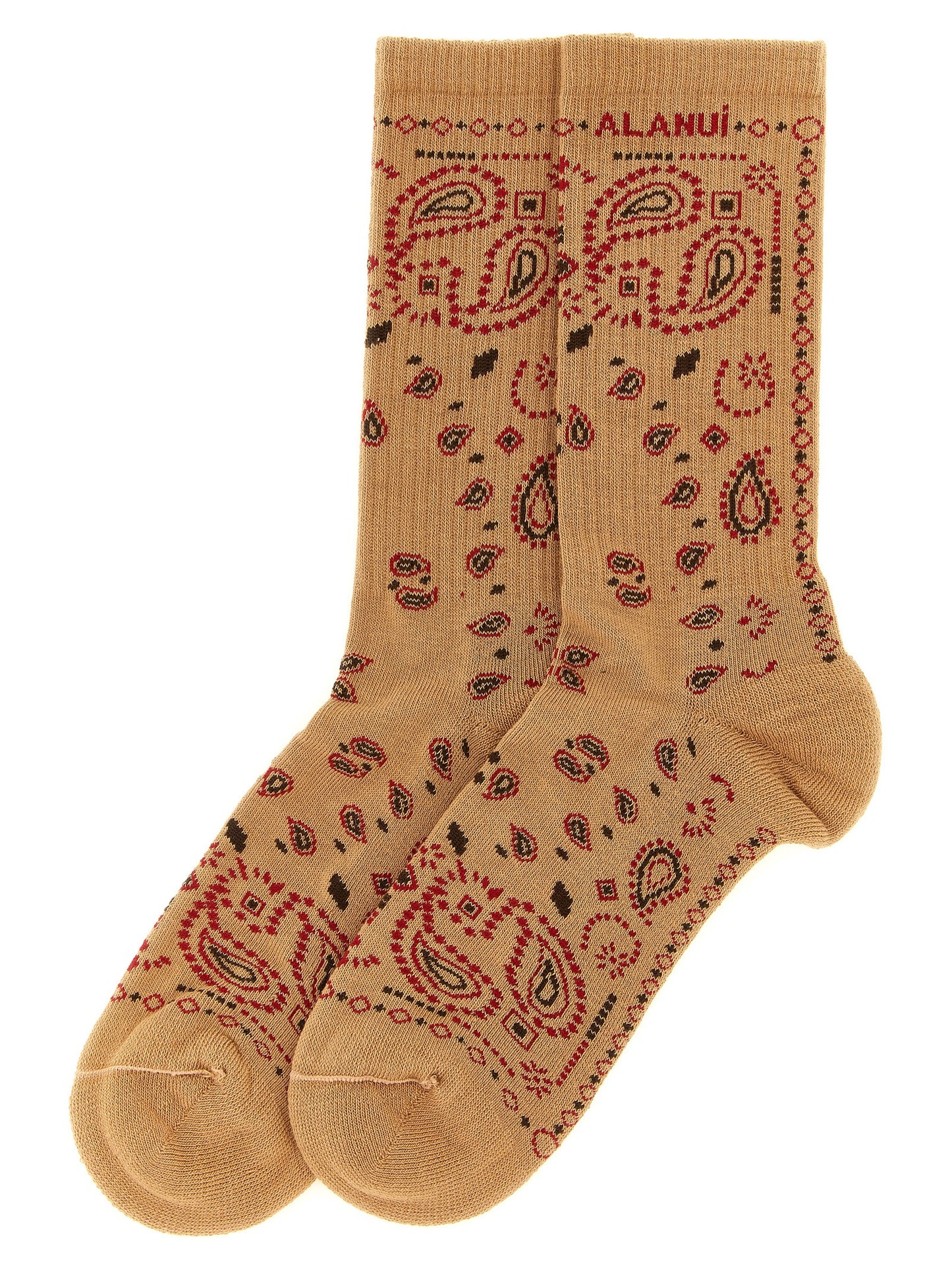 These Socks by Alanui for women in stretch polyamide cotton beige, black, camel, red, patterned, paisley, jacquard & signature present a utilitarian silhouette from the Women's Stretch Polyamide Cotton Socks collection, offering a utilitarian fit and refined aesthetic.