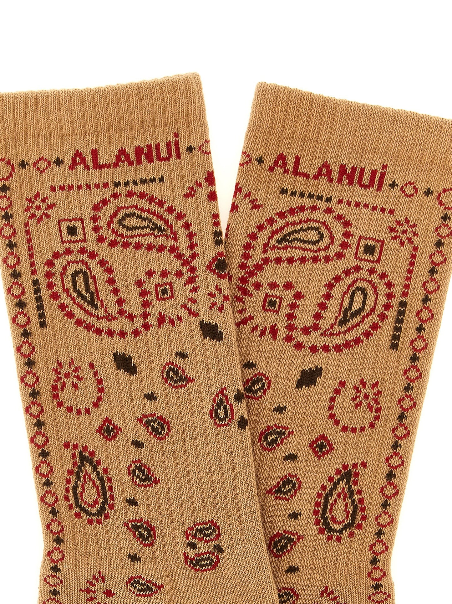 Socks by Alanui for women in stretch polyamide cotton beige, black, camel, red, patterned, paisley, jacquard & signature features an stylish silhouette, showcasing the stylish design of this Women's Stretch Polyamide Cotton Socks with a stylish finish.