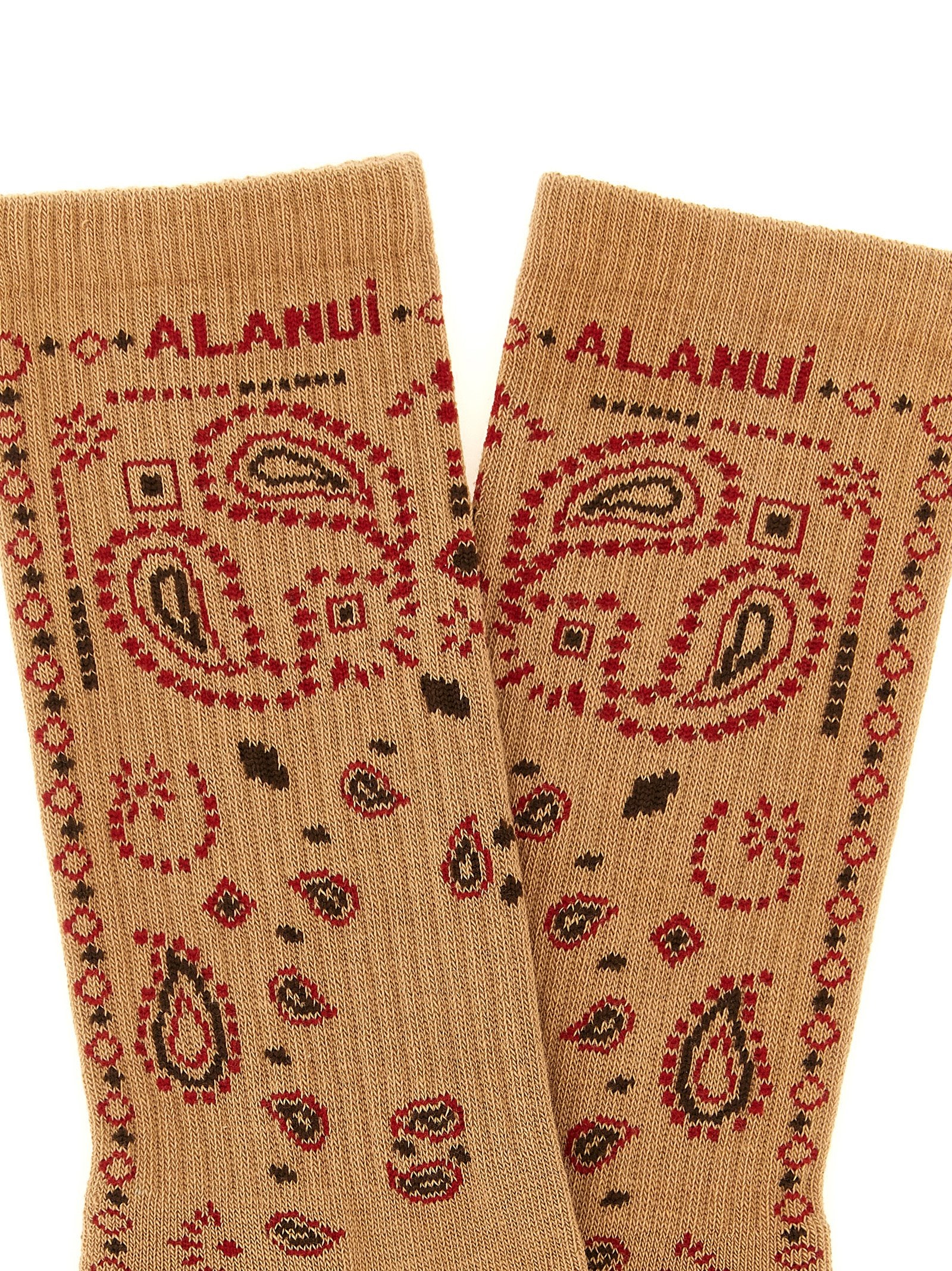 Socks by Alanui for women in stretch polyamide cotton beige, black, camel, red, patterned, paisley, jacquard & signature features an stylish silhouette, showcasing the stylish design of this Women's Stretch Polyamide Cotton Socks with a stylish finish.