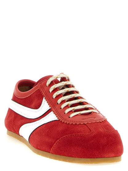 Athletic Sneakers by Dries Van Noten for women in suede calfskin leather gold, multicolor, natural, red, white & signature features an effortless chic silhouette, showcasing the signature low-top style of the Women's Low Top Suede Calfskin Leather Athletic Sneakers collection with a truly effortless chic finish.