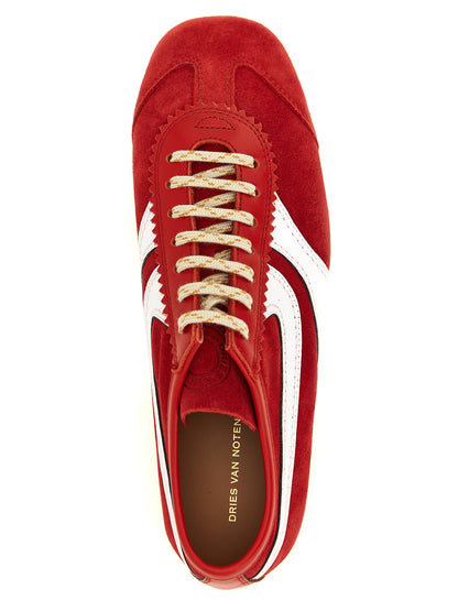 Athletic Sneakers by Dries Van Noten for women in suede calfskin leather gold, multicolor, natural, red, white & signature showcases an impeccable silhouette, defined by an impeccable low-top style design that perfectly captures the essence of the Women's Low Top Suede Calfskin Leather Athletic Sneakers.