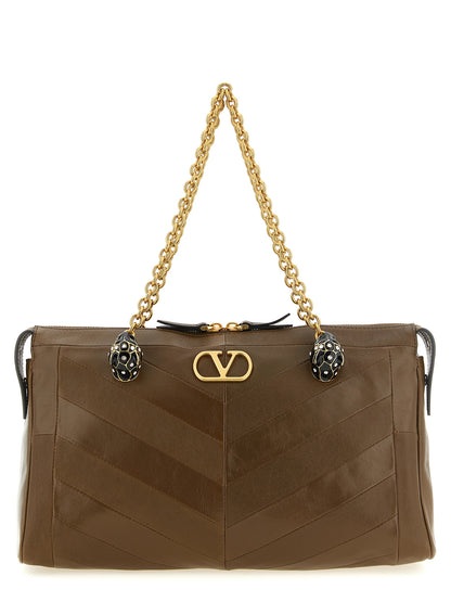 Valentino Garavani Panthea V Logo Exotic Leather & Crystal Medium Shoulder Bag - Brown Gold Chevron Signature Patchwork