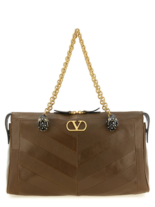 Valentino Garavani Panthea V Logo Exotic Leather & Crystal Medium Shoulder Bag - Brown Gold Chevron Signature Patchwork