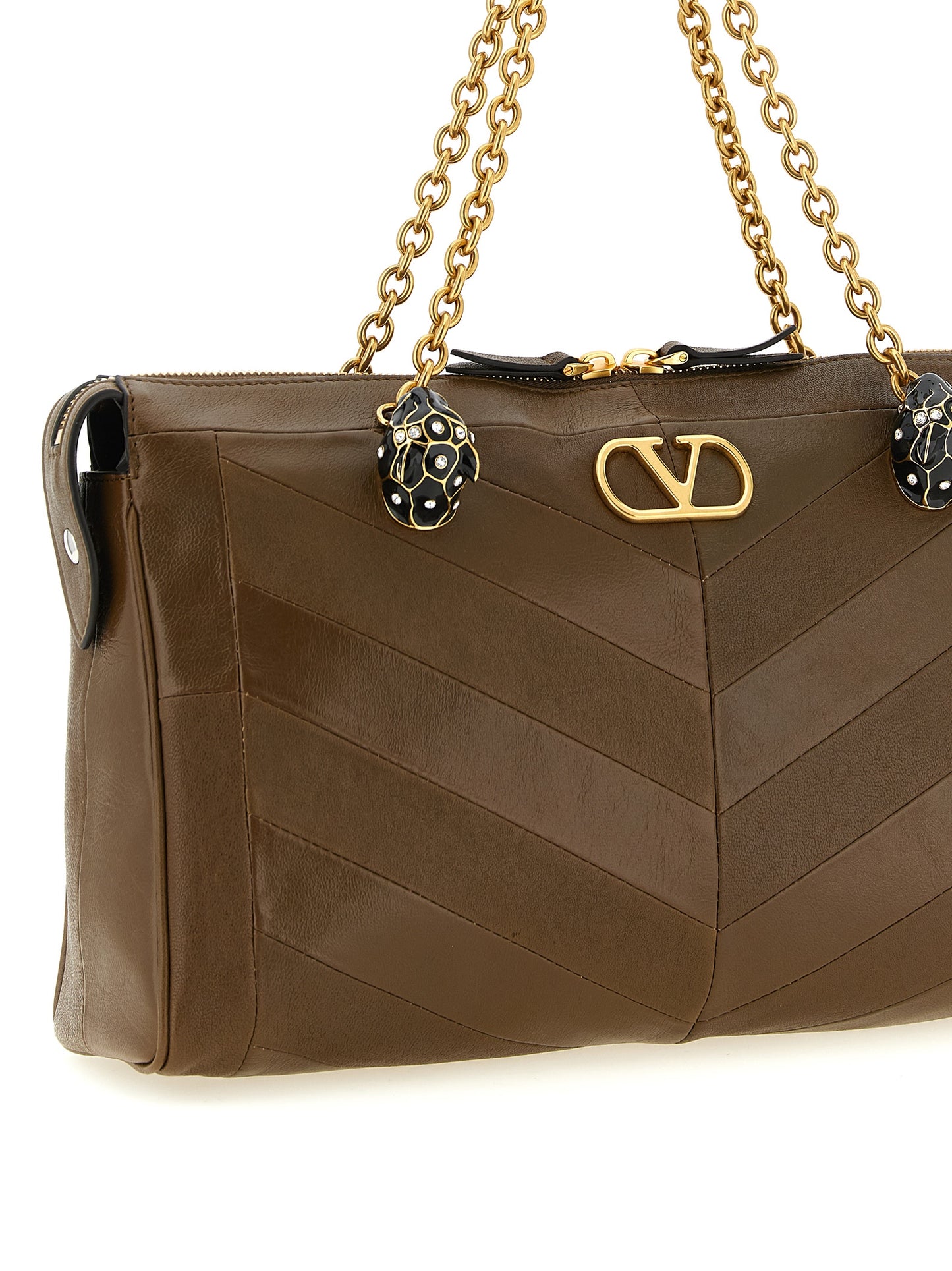 Valentino Garavani Panthea V Logo Exotic Leather & Crystal Medium Shoulder Bag - Brown Gold Chevron Signature Patchwork