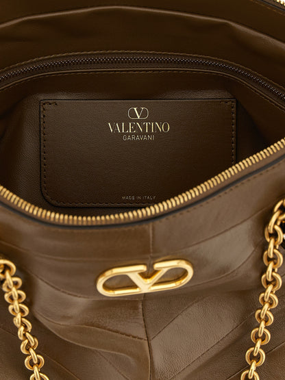 Valentino Garavani Panthea V Logo Exotic Leather & Crystal Medium Shoulder Bag - Brown Gold Chevron Signature Patchwork