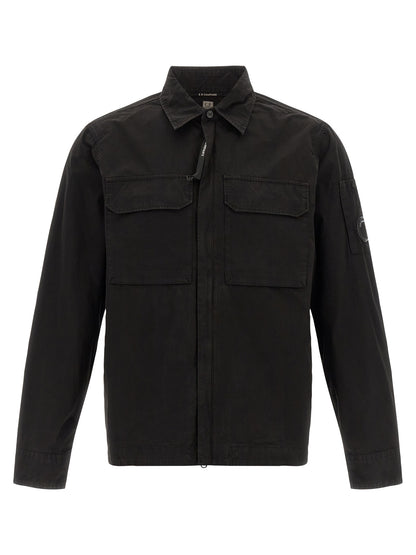Overshirt by C.P. Company for men in organic cotton black & signature features an architectural silhouette with a refined and elegant for a architectural look.